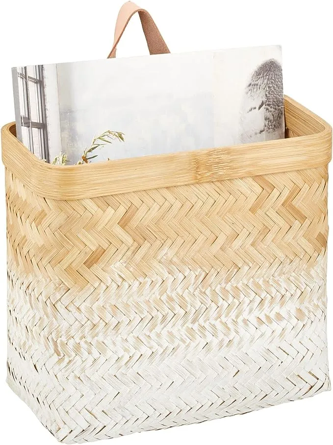 mDesign Woven Ombre Bamboo Hanging Wall Storage Basket for Flowers & Essentials, Decorative Boho Mounted Organizer for Pantry, Closet, Bathroom, and Cabinet/Entryway Doors - Natural/White