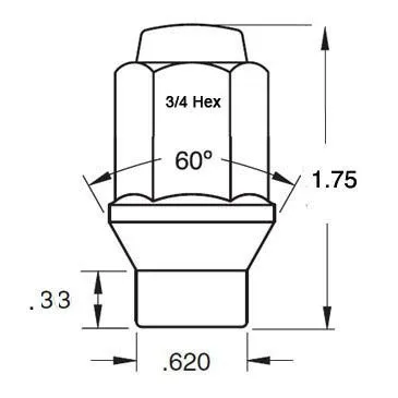 20 ET Conical Bulge Long Lug Nuts 7/16"-20 with Center Washers 0.33" Shank 0.62" Dia 1.75" Length