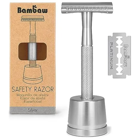 Bambaw Double Edge Close Comb Safety Razor with Stand, Shaving Razor for Men with 5 Safety Razor Blades, Reusable Eco Freindly DE Metal Razor – Sea Green