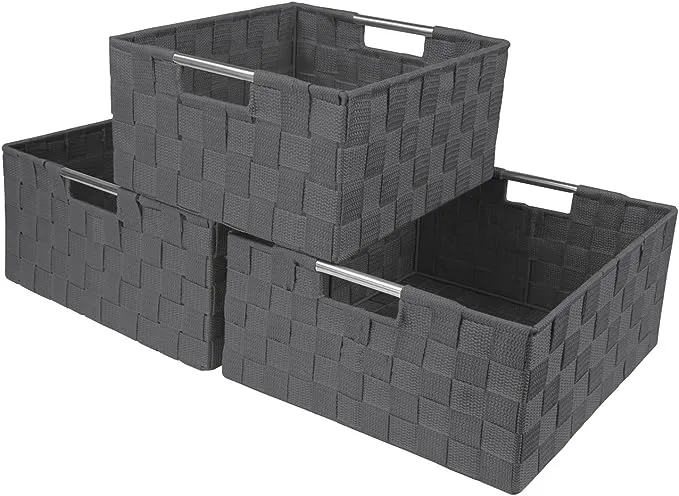 Sorbus Storage Box Woven Basket Bin Container Tote Cube Organizer Set Stackable Storage Basket Woven Strap Shelf Organizer Built-In Carry Handles (Black)