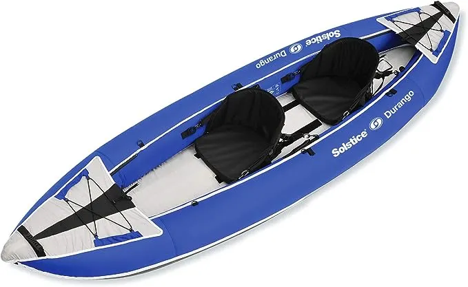 SOLSTICE Durango 1 to 2 Person Inflatable Fishing Kayak Boat W/ Fabric Cover For Adults & Kids 11' X 37.5'' | Tandem 2 Adjustible Bucket Seats, Bungee Storage, Skeg Pump Bag | Heavy Duty PVC & Fabric