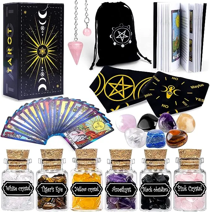 YixangDD Tarot Cards with Guide Book 18 Pcs Include 1 Deck of 78 Cards 、6 Mini Crystal Jars,7 Chakra Stones,1 Spirit Pendulum,1 Cloth ,1Goddess of