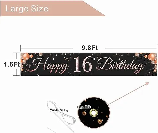 Sweet 16th Birthday Decorations for Girls,Large Sweet 16 Banner,Sweet Sixteen Decorations for Girls,Rose Gold Sweet 16 Party Decorations,Sixteen Birthday Decor Photo Prop(9.8x1.6ft)