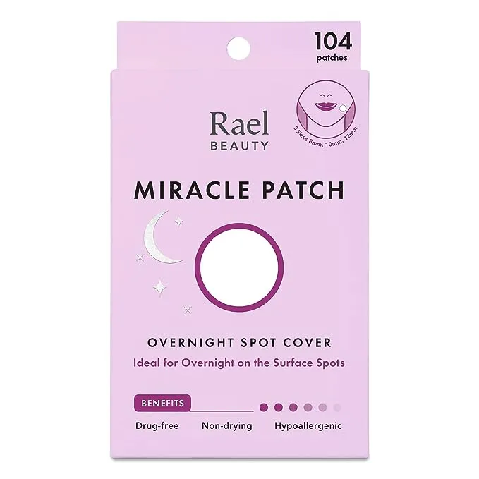 Rael Pimple Patches, Miracle Overnight Spot Cover - Hydrocolloid Acne Patches for Face, Zit and Blemish Spot, Thicker & Extra Adhesion, Acne Absorbing Cover, for All Skin Types, Vegan, Cruelty Free, 3 Sizes (104 Count)