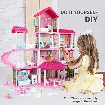 TEMI Doll House Dreamhouse Girl Toys - 4-Story 11 Doll House Rooms with Doll Toy Figures, Furniture and Accessories, Toddler Playhouse Christmas for 3 4 5 6 7 Year Old Girls