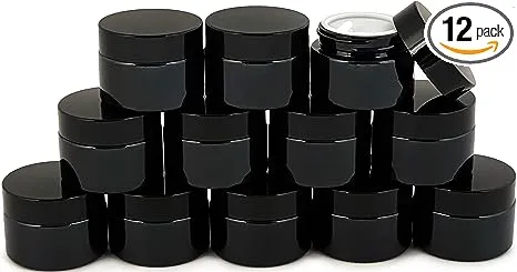 12 Black 1 Oz Round Glass Jars With Inner Liners And Black Lids