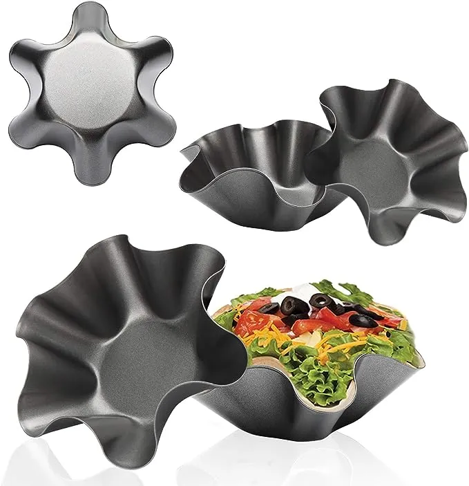 Tortilla Pan Set - 6pcs Non-Stick Carbon Steel Taco Salad Bowl Makers Tortilla Shell Pans (Black)