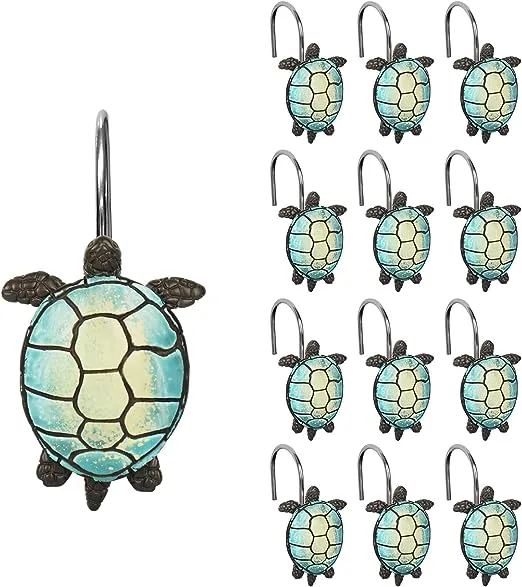 Sunlit Sea Turtle Shower Curtain Hooks, Home Decorative Shower Curtain Rings for Bathroom, Resin, Ocean Shower Curtain Hanger Hooks for Kid Room Living Room, Set of 12