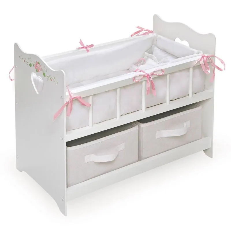 Badger Basket Toy Doll Bed with White Bedding, Storage Baskets, and Personalization Kit – Fits 20-Inch Dolls, White Rose