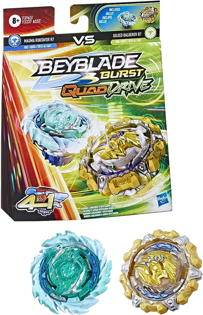 Beyblade Hasbro Burst QuadDrive Magma Roktavor R7 and Gilded Balderov B7 Spinning Top Dual Pack - 2 Battling Game Top Toy for Kids Ages 8 and Up