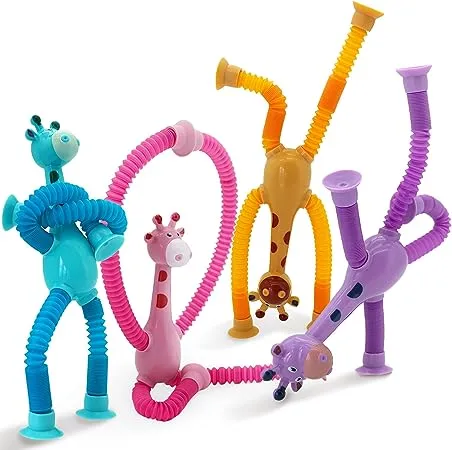 Boxgear 4 Pieces LED Telescopic Suction Cup Giraffe Toy, Shape Changing Telescopic Tube Fidget Toys, Pop Tubes, Fidget Tubes Sensory Toys for Girls Boys (Giraffe)