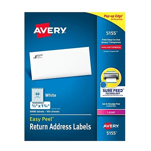 AVERY 5267 Easy Peel Return Address Labels, Laser, 1/2 x 1 3/4, White (Pack of 2000), (Model: 05267)