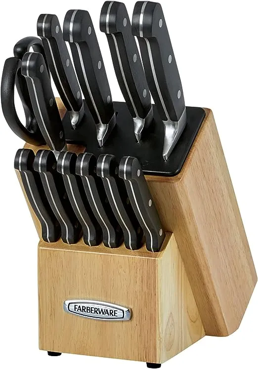 Farberware Self-Sharpening 13-Piece Knife Block Set with EdgeKeeper Technology, High Carbon Stainless Steel Kitchen Knife Set with Ergonomic Handles, Razor-Sharp Knife Set, Natural