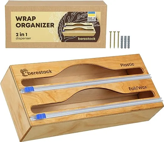 Foil and Plastic Wrap Organizer - 2 in 1 Wooden Plastic Wrap Dispenser with Cutter - Aluminum Foil Organization and Storage -Parchment - Wax Paper Dispenser for Kitchen (2 in 1)