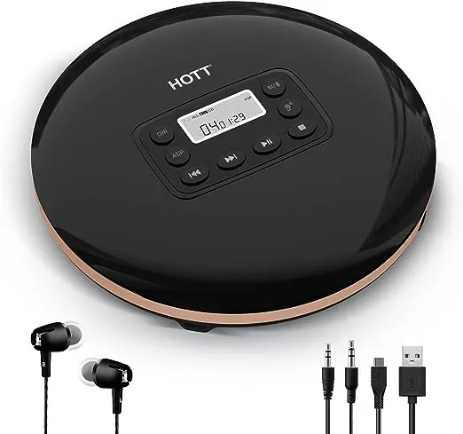 HOTT CD711T Bluetooth Rechargeable Portable CD Player for Home Travel and Car with Stereo Headphones and, Anti Shock Protection-Black