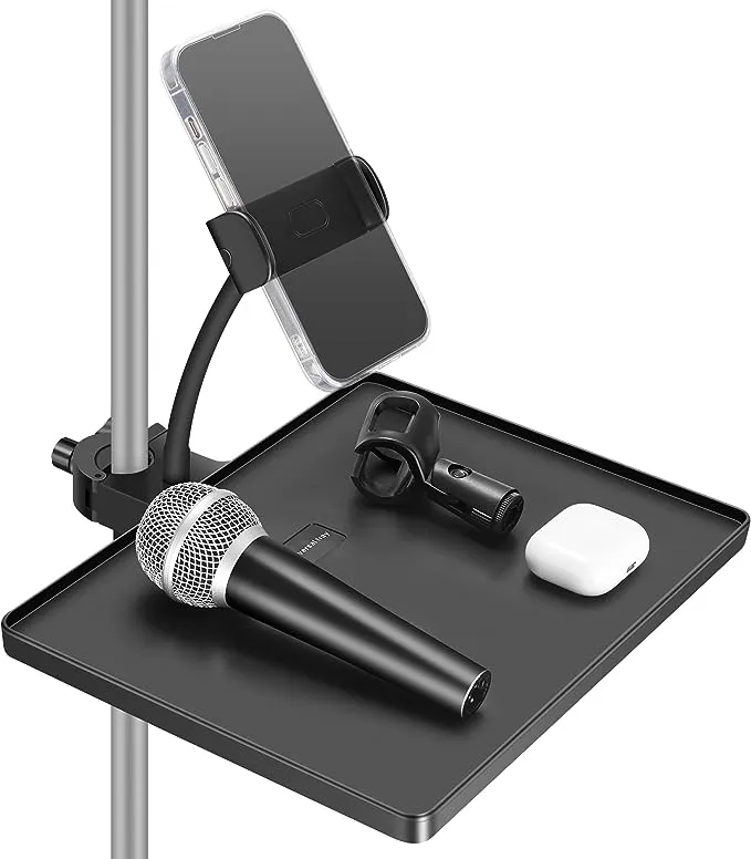 InnoGear Microphone Stand Tray, Mic Stand Tray with Phone Holder Adjustable Clamp On 10.6" × 8.1" Shelf for Boom Stand Tripod Music Stand Accessories for Singing Podcast Recording Streaming Stage