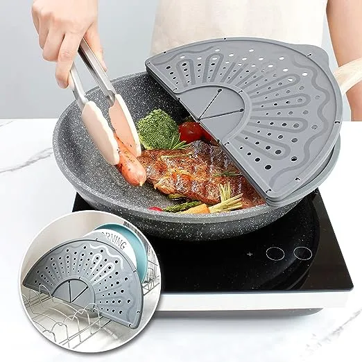 Silicone Splatter Screen For 10, 11 and 12 Inch Frying Pan, Foldable Splash Guard, Multi-Use Grease Splatter Guard/Trivet Mat, 12" Non-Stick Oil Splatter Guard, Dishwasher Safe, BPA Free, Gray