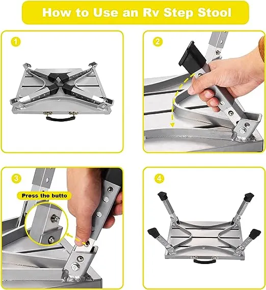 Safety RV Steps, Yagud Height Adjustable Folding Platform Step with 17" X 12" Anti-Slip Surface, Rubber Feet, Handle, Reflective Strips, and T Level, Aluminum RV Step Stool Supports Up to 1000lbs