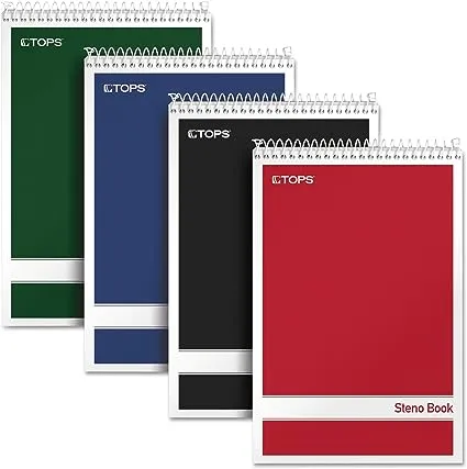 TOPS Spiral Steno Books, 6" x 9", Gregg Rule White Paper, Assorted Covers, 80 Sheets per Book/4 Books per Pack (80220)