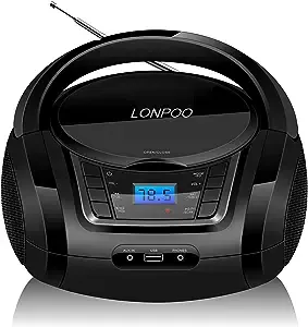 LONPOO CD Player Portable Boombox with FM Radio/USB/Bluetooth/AUX Input and Earphone Jack Output, Stereo Sound Speaker & Audio Player,White