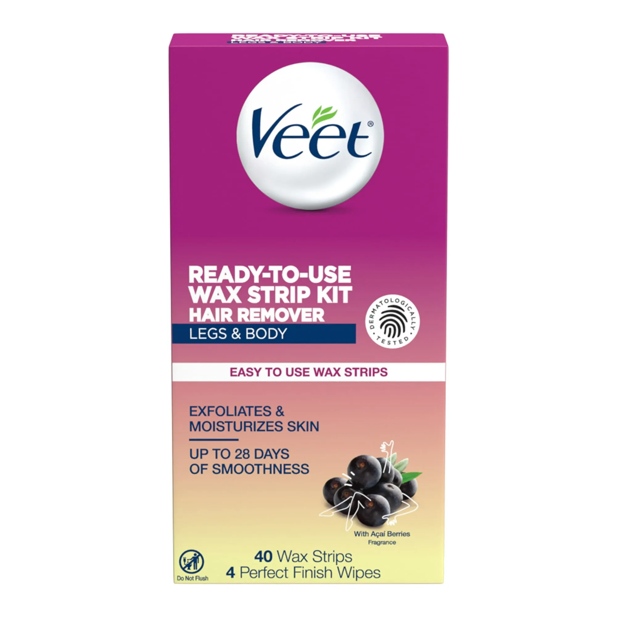 Veet Ready-To-Use Waxing Kit For Women | Wax Strips For Body Hair Removal, Wax Kit For Ingrown Hair Treatment, Personal Care Product, Hair Remover | 40ct Waxing Strips, 4ct Body Wipes