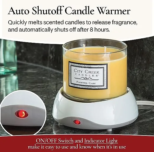 CANDLE WARMERS ETC. Auto Shutoff Candle Warmer Plate (White, Plug-in) – Candle Wax Warmer for jar Candles with auto Shut Off, 8-Hour Timer