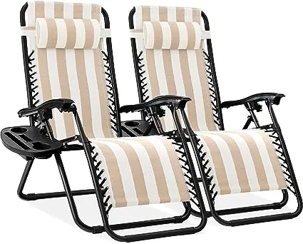 Best Choice Products Set of 2 Adjustable Steel Mesh Zero Gravity Lounge Chair Recliners w/Pillows and Cup Holder Trays, Tan Striped