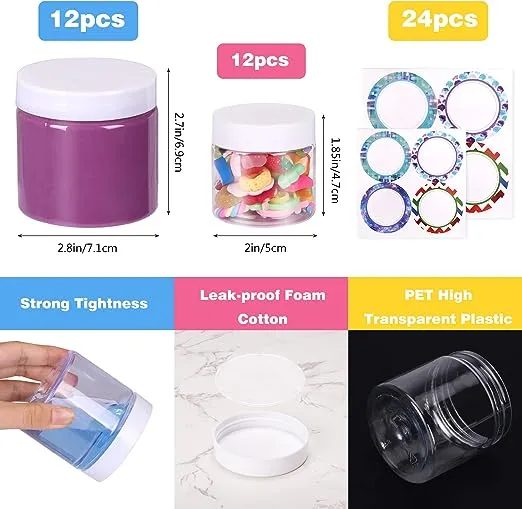 SGHUO Empty 24 Pack Slime Containers, 12 6oz and 12 2oz Plastic Storage Jars with Lids and Labels for DIY Slime, Glitter, Jewelry Making Supplies, Foam Beads