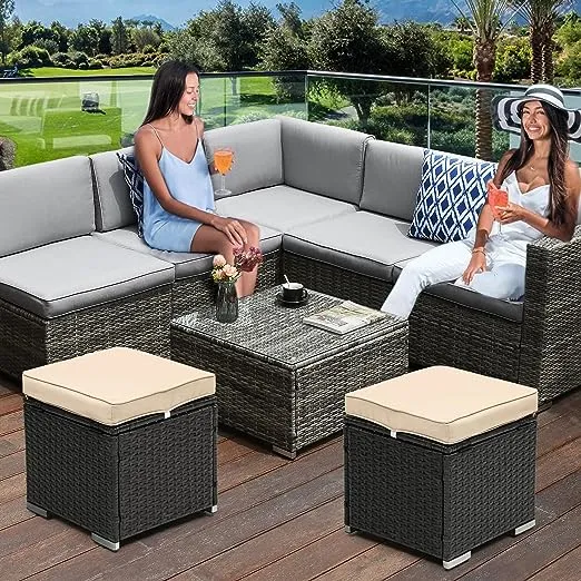 Best Choice Products Set of 2 Wicker Ottomans, Multipurpose Furniture w/ Removable Cushions, Steel Frame - Brown/Beige