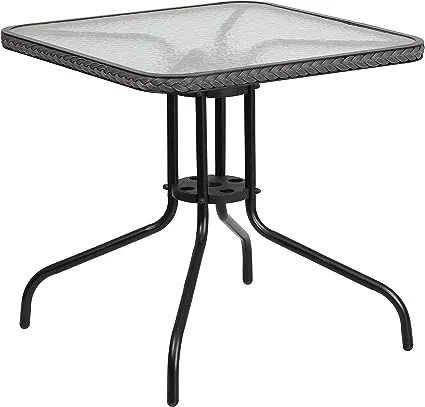 Flash Furniture Barker 28'' Square Tempered Glass Metal Table with Dark Brown Rattan Edging