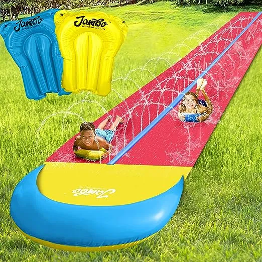 Jambo 20' Extra Long Triple Lane Slip Splash and Slide Updated - with 3 Body Boards, Water Slide with Advanced Sprinklers System | Backyard Waterslide