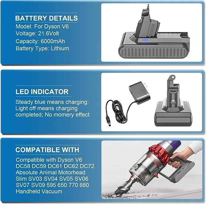 Bonacell 6.0Ah 21.6V Lithium Battery for Dyson V6 Battery Replacement SV03 SV04 DC58 DC59 DC61 DC62 DC72 DC74 Animal Absolute Fluffy Motorhead Slim 6-Cell VTC4 SV05 SV06 SV07 SV09