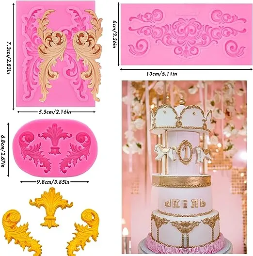 Rainmae 5 Pcs Baroque Style Curlicues Scroll Lace Fondant Silicone Mold, Relief Flower Lace Mould Filigree Mold 3D Sculpted Decoration, Cupcake Topper, Jewelry, Polymer Clay, Crafting Projects