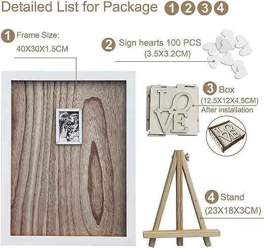 Wedding Guest Book, Y&K Homish Wooden Picture Frame, Drop Top Frame Sign Book with 100PCS Wooden Hearts, Rustic Wedding Decorations and The Wedding Gift (White wooden frame + Photo)