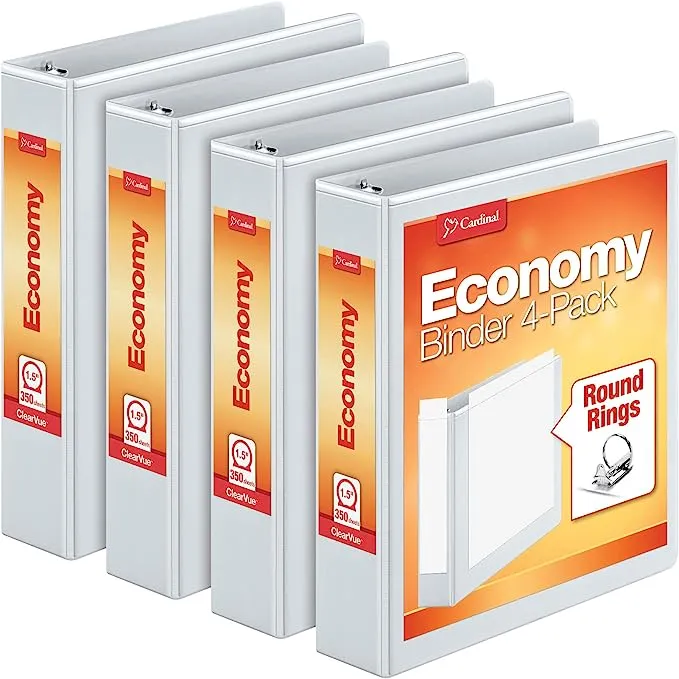 Cardinal Economy 3 Ring Binder, 2 Inch, Presentation View, White, Holds 475 Sheets, Nonstick, PVC Free, 4 Pack of Binders (79520)