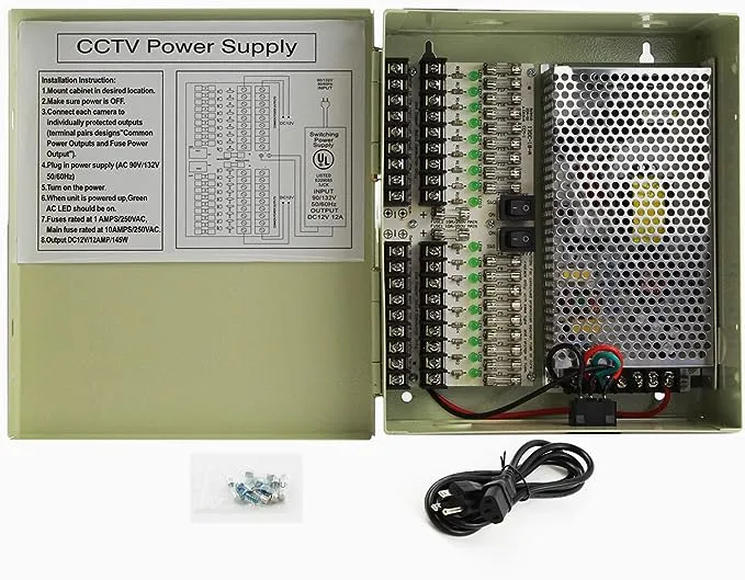 18 Outputs 12 Amp 12V DC CCTV Distributed Power Supply Box for Security Camera, UL Listed