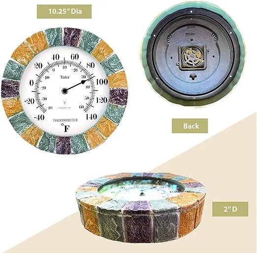 Lily's Home Indoor or Outdoor Large Hanging Wall Clock and Thermometer Set. Made of Durable Polyresin Plastic. 10" Inch Diameter. (Stone)