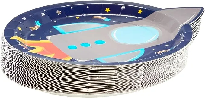 BLUE PANDA 48 Pack Rocket Ship Paper Plates for Kids Outer Space Birthday Party Supplies, Decorations (9 Inches)