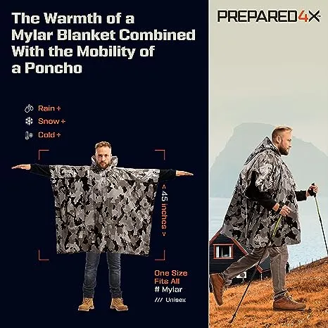 PREPARED4X Emergency Rain Poncho with Mylar Blanket Liner - Survival Blankets for Car - Heavy Duty, Waterproof Camping Gear