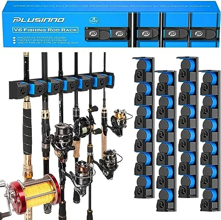 PLUSINNO V6 Vertical Fishing Rod Holder, Fishing Rod Holders for Garage, Wall Mounted Fishing Rod Rack, Exclusive Upgrade Fishing Pole Holders, Support Extra Large & Heavy Fishing Rod Combos