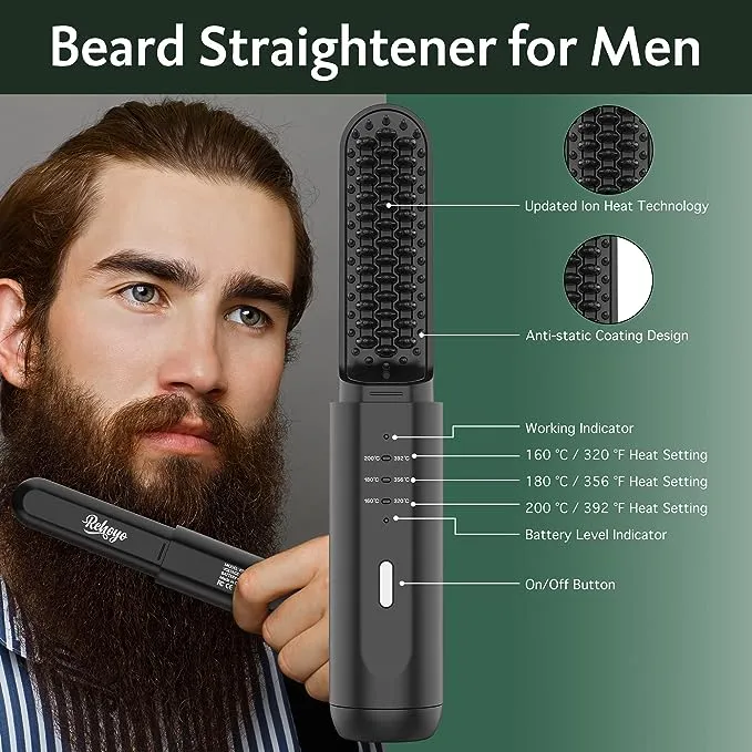 Beard Straightener for Men, REHOYO Portable Cordless Hair Straightener, Anti-Scald Heated Beard Brush, Electric Hot Comb 3 Temp Settings, Ionic Mini Straightener for Home Travel, Gifts for Men Him