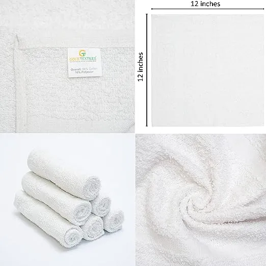 GOLD TEXTILES 120 Pack Economy White Washcloths Set (12x12 inches) - Cotton Blend Commercial Grade Cleaning Rags, Quick Drying & Soft Face Cloths, Fingertip Towels for Bathroom, Spa, Gym, and Kitchen