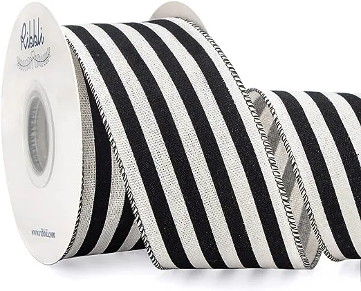 Ribbli Black Stripe Cotton Burlap RibbonStripe Wired Ribbon 2-1/2 Inch x Cont...