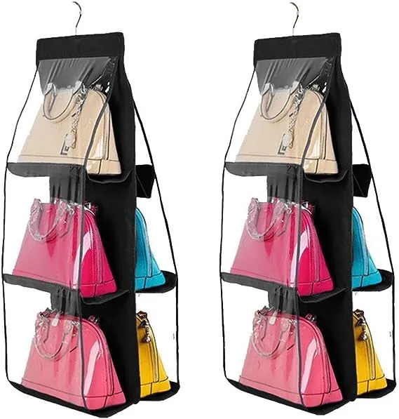 HAN SHENG 2 Pcs 6 Pockets Hanging Purse Handbag Organizer Clear Hanging Shelf Bag Collection Storage Holder Purse Bag Wardrobe Closet Space Saving Organizers (Black)