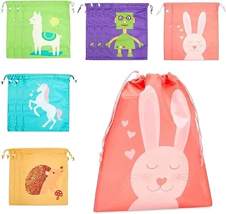 BLUE PANDA 15 Pack Drawstring Animal Themed Party Favor Bags for Kids Birthday, 5 Designs (10 x 12 In)