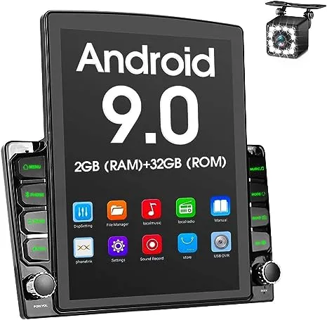 Android 9.0 Double DIN GPS Navigation Car Stereo, 9.7'' Vertical Touch Screen 2.5D Tempered Glass Mirror Bluetooth Car Radio with Backup Camera