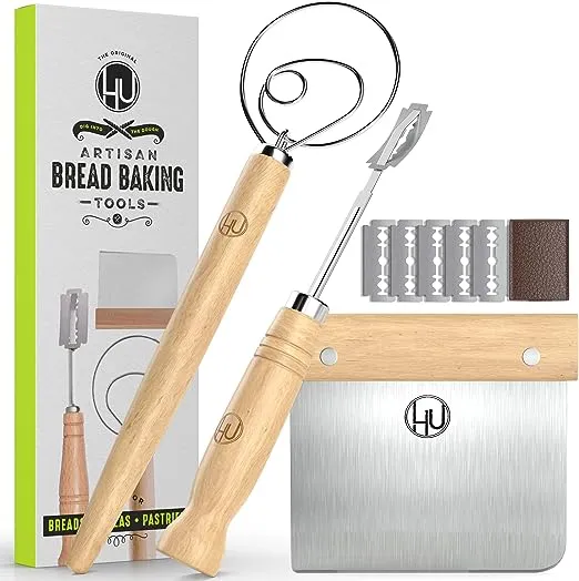 LHU Bread Making Tools and Supplies - Set of 3 - Danish Dough Whisk, Bread Lame, Bench Scraper - Dough Hook with Bread Scraper, Lame Bread Tool, Blades - Great for Baking Sourdough, Pizza, Pastry