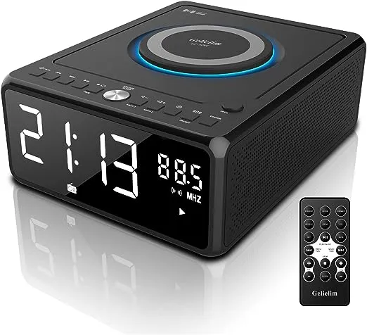 Gelielim CD Players for Home, Bluetooth Boombox with Remote, CD Clock Radio, 10W Fast Wireless Charging, Digital FM Radio, CD Player Portable with Headphone Jack, USB & AUX Ports, Dimmable LED Display