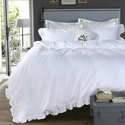 QSH White Ruffle Duvet Cover Queen 100% Washed Cotton Farmhouse Shabby Boho Chic Bedding Comforter Quilt Cover 3 Pieces Vintage Aesthetic French Country Queen Bed Set Extra Soft Breathable