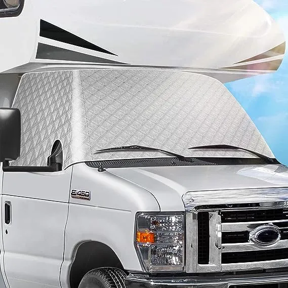 BougeRV RV Windshield Window Snow Cover for Class C Ford E450 1997-2024 Motorhome, Windshield Cover for Ice and Snow RV Front Window Sunshade Cover RV Accessories 4 Layers with Mirror Cutouts Silver